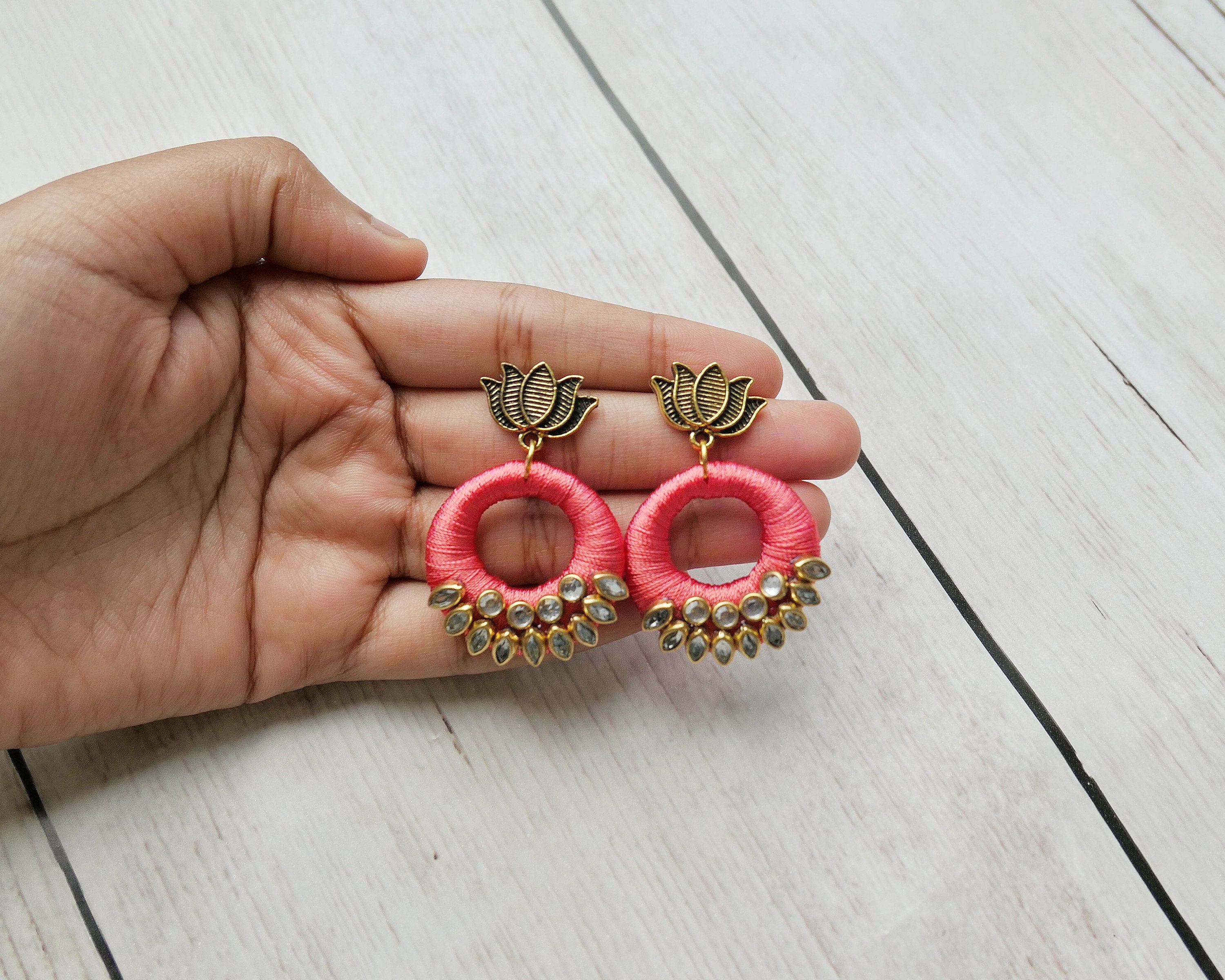 Buy Green Pink Silk Jhumkas with Pachi Stud Online  Khushi Handicrafts