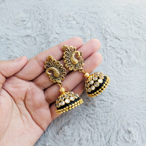Modern Gold Black Jhumka Jhumki Big Indian Earrings Silk Thread