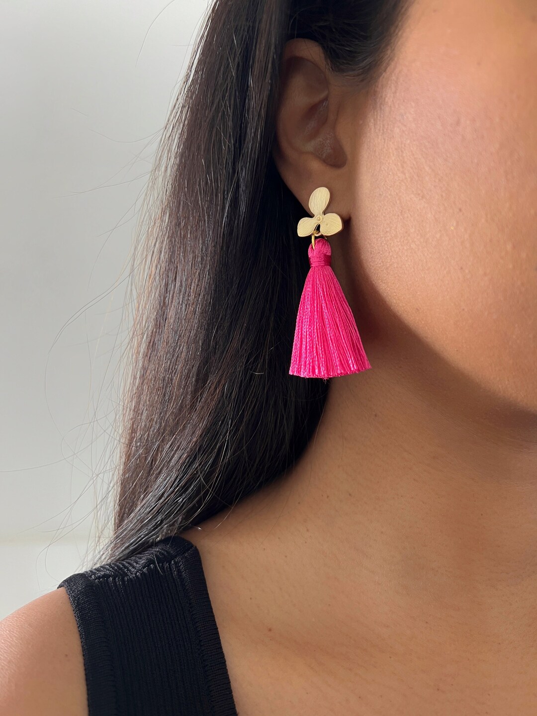 Clover Hot Pink Tassel Gold Plated Tassel Earrings Silk Thread Dangle