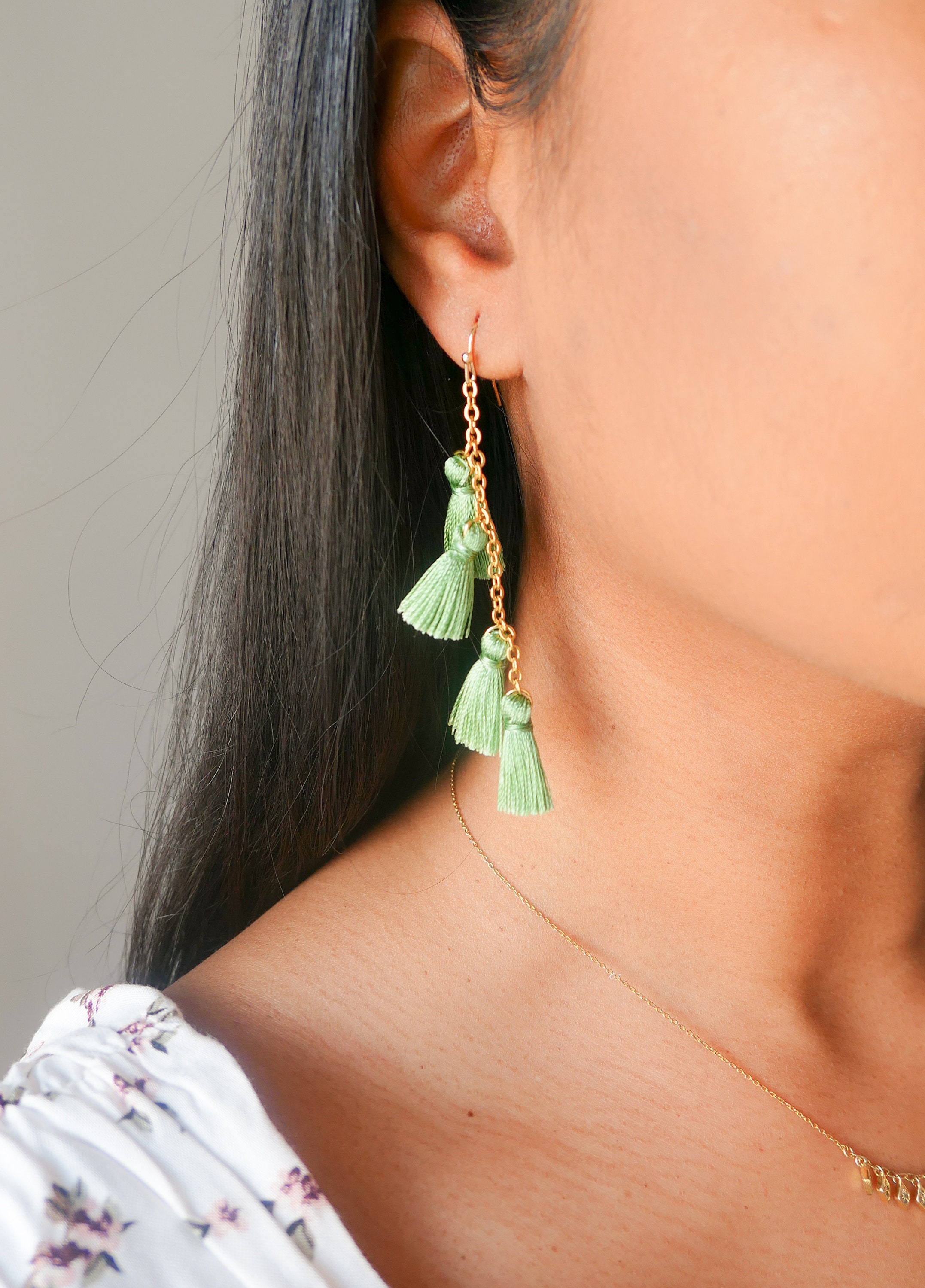 Green Mini Tassel Gold Plated Tassel Earrings Silk Thread Dangle