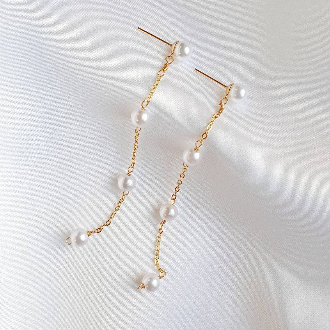 Pearl long chain earrings Dainty pearl drop earrings Gold Etsy