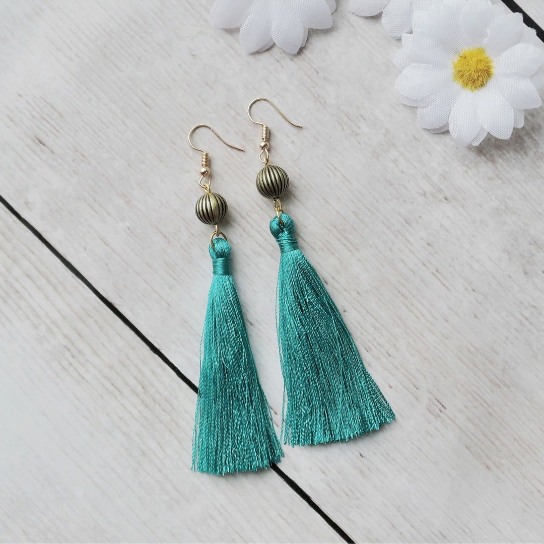Teal Antique Gold Plated Tassel Earrings Silk Thread Gold Etsy UK
