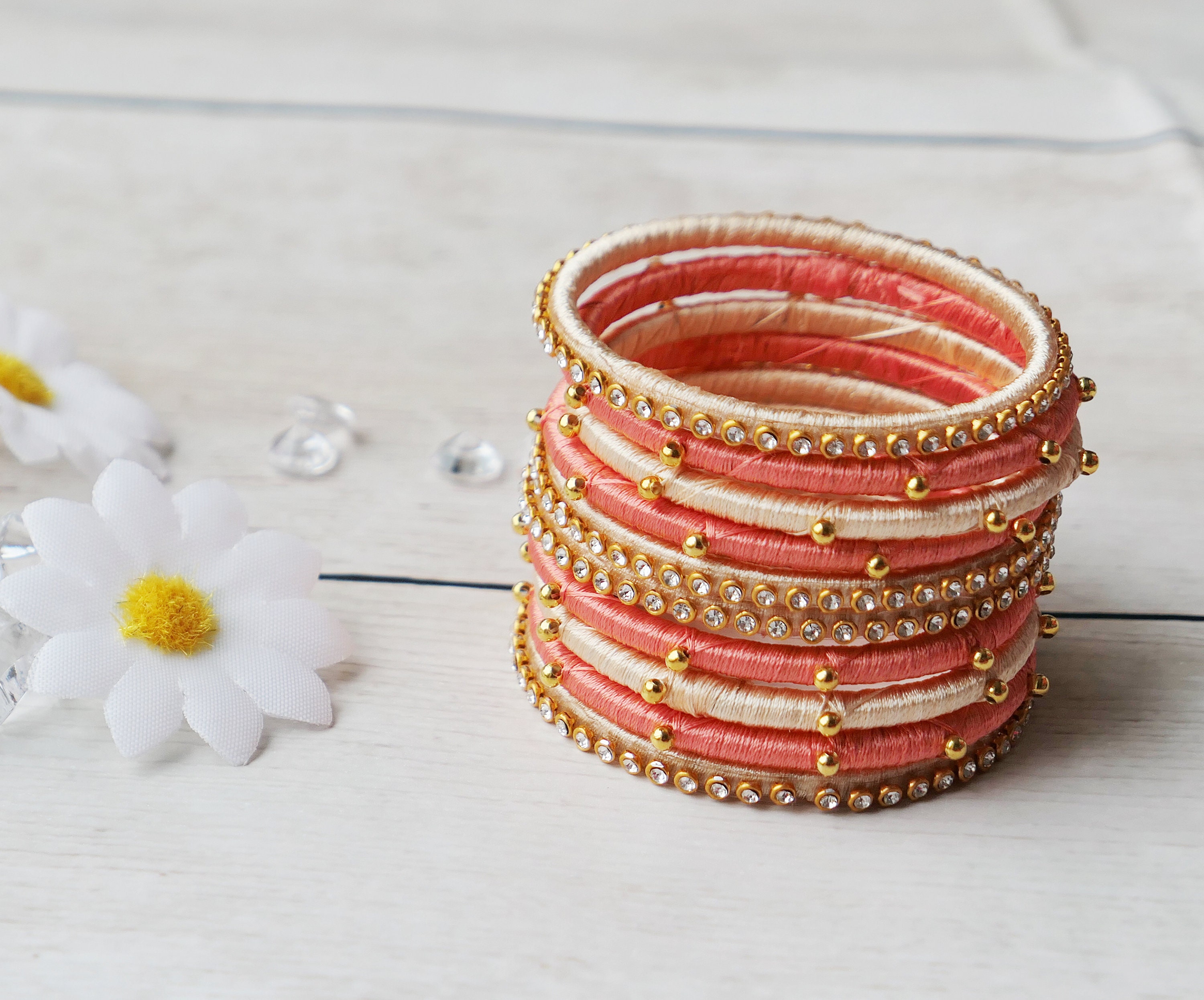 Peach colour silk thread bangles discount