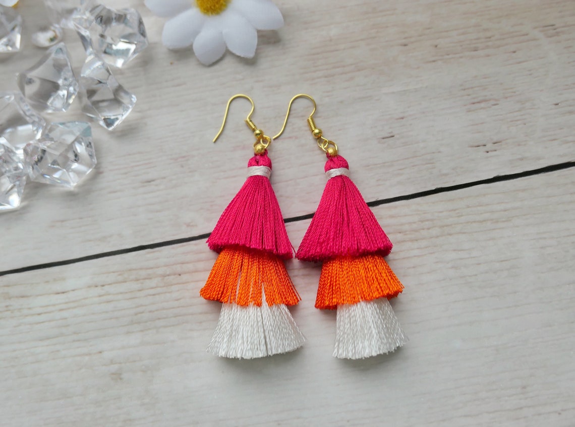 Red Orange White Gold Plated Tassel Earrings Silk Thread Etsy