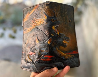 Wolfs Hot Wallet, Cerberus Wallet, Hand-tooled biker wallet, motorbike Long Wallet, unique carving natural leather, 3D Genuine Leather