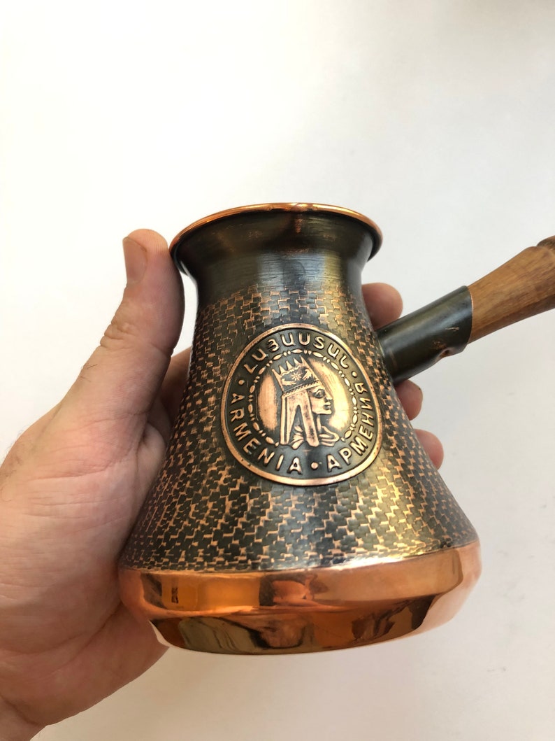 Handmade Armenian Coffee Pot Maker Copper ibrik cezve turka jazzve with wooden handle Logo Tigran Mets the Great King of Armenia image 7