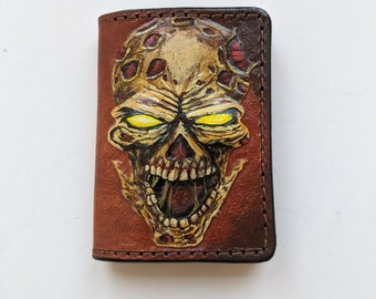 Zombie slim leather card holder, leather mini wallet Skull, 3D Genuine Leather Wallet, Hand Carved, Leather Carving, Carving Leather Wallet