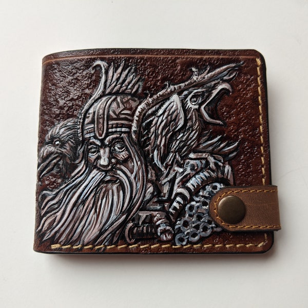 3D Genuine Leather Wallet, Odin Wallet, Viking Wallet, Carved, Leather Carving, Carving Wallet, Viking Raven