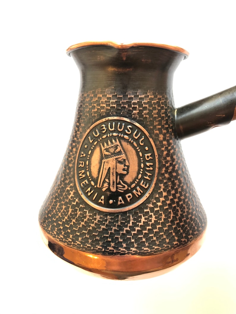 Handmade Armenian Coffee Pot Maker Copper ibrik cezve turka jazzve with wooden handle Logo Tigran Mets the Great King of Armenia image 4