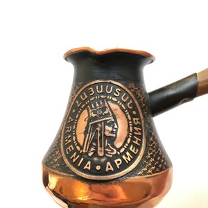 Handmade Armenian Coffee Pot Maker Copper ibrik cezve turka jazzve with wooden handle Logo Tigran Mets the Great King of Armenia image 2