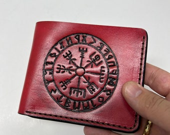 Vegvísir Wallet, 2 sides Vegvísir, 3D Genuine Leather Wallet, Hand Carved, Leather Carving Wallet