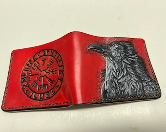 Raven Wallet, Vegvísir, 3D Genuine Leather Wallet, Hand Carved, Leather Carving Wallet