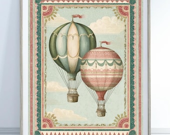 Vintage Hot Air Balloon Print | Pastel Retro Travel Nursery Wall Art