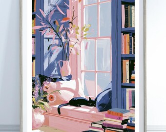 Cozy Book Nook Wall Art Print | Pink & Blue Reading Corner Poster | Black Cat Window Seat Artwork | Book Lover Gift | Cottagecore Library