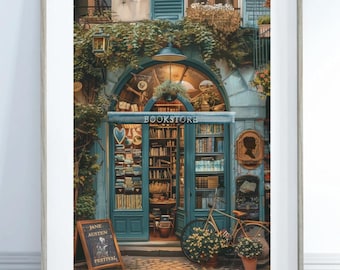 Austen Festival Bookshop Print – Blue Bookstore Illustration, Pastel Wall Art