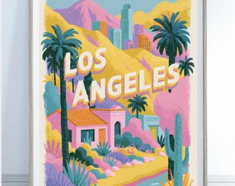 Los Angeles Print | Colourful LA Travel Poster | California Wall Art | Retro Los Angeles Decor | Palm Tree Art Print | Modern Travel Poster