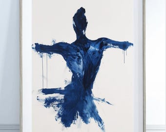 Abstract Blue Figure Painting Print, Modern Minimalist Wall Art, Expressive Human Form Artwork, Bold Contemporary Art, Monochrome Indigo