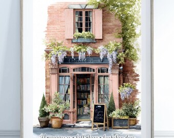 Charming Bookshop Watercolor Print, Cozy Bookstore Wall Art, Literary Gift for Book Lovers, Cottagecore Decor