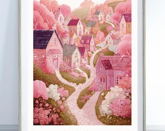 Cotswolds Pink Poster, Vintage Style English Countryside Wall Art, UK Village Landscape Print, Cottagecore Decor, England Gift