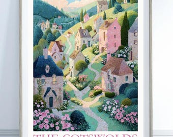 Cotswolds Pastel Shades Poster, Vintage Style English Countryside Wall Art, UK Village Landscape Print, Cottagecore Decor, England Gift