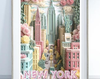 New York Pastel City Print, NYC Floral Paper Cut Art, Statue of Liberty Wall Art, Dreamy Manhattan Illustration, Travel Poster Decor