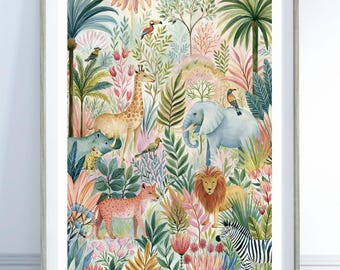 Safari Nursery Print | Jungle Animals Wall Art | Colourful Nursery Decor | Lion Elephant Giraffe Zebra Poster | Baby Room Print | Kids Wall