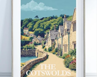 Cotswolds Travel Poster, Vintage Style English Countryside Wall Art, UK Village Landscape Print, Cottagecore Decor, England Gift