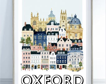 Oxford Travel Poster, Vintage Style English Art, UK Village Landscape Print, Cottagecore Decor, England Gift