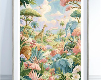 Safari Nursery Print | Jungle Animals Wall Art | Colourful Nursery Decor | Lion Elephant Giraffe Zebra Poster | Baby Room Print | Kids Wall