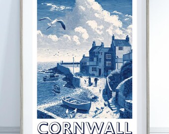 Cornwall Coastal Poster, Vintage Style Seaside Print, Blue Nautical Art, English Coast Illustration, Beach Cottage, Cornwall Travel Poster