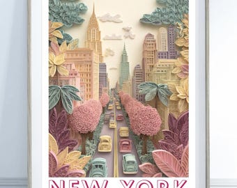 New York Pastel City Print, NYC Floral Paper Cut Art, Statue of Liberty Wall Art, Dreamy Manhattan Illustration, Travel Poster Decor
