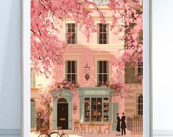 Jane Austen Bookshop Print – Romantic Bookstore Illustration, Pastel Wall Art