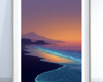 Bioluminescent Beach Sunset Print, Neon Ocean Waves Wall Art, Coastal Landscape Poster, Purple Orange Seascape, Beach Decor