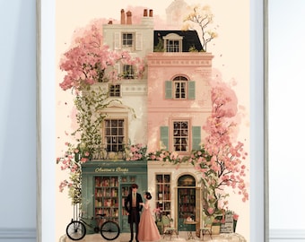 Jane Austen Bookshop Print – Romantic Bookstore Illustration, Pastel Wall Art