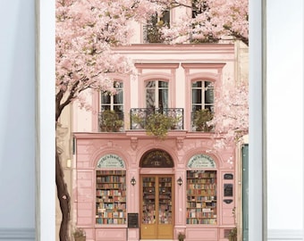 Bronte's Bookshop Print – Romantic Blossom Bookstore Illustration, Pastel Wall Art