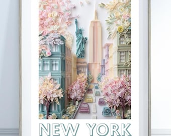 New York Pastel City Print, NYC Floral Paper Cut Art, Statue of Liberty Wall Art, Dreamy Manhattan Illustration, Travel Poster Decor