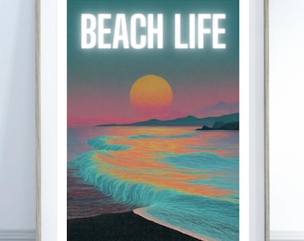 Beach Life Poster, Retro Sunset Ocean Print, Neon Coastal Wall Art, Tropical Wave Aesthetic, Bold Typography Beach Decor, Colorful Seascape