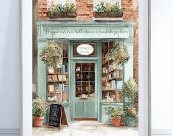 Charming Bookshop Watercolor Print, Cozy Bookstore Wall Art, Literary Gift for Book Lovers, Cottagecore Decor