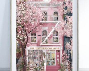 Charming New York Bookshop Book Nook Watercolor Print, Cozy Bookstore Wall Art, Literary Gift for Book Lovers, Pink Cottagecore Decor