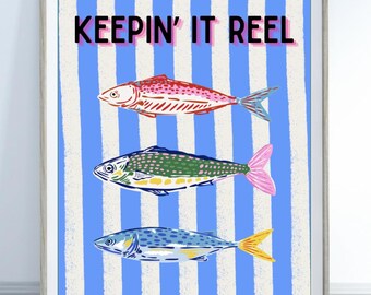 Keepin' It Reel Wall Art | Funny Coastal Print | Fish Market Poster | Nautical Decor | Beach House Kitchen Art | Ocean Lover Gift