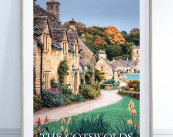 Cotswolds Travel Poster, Vintage Style English Countryside Wall Art, UK Village Landscape Print, Cottagecore Decor, England Gift