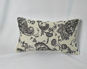 Black White Paisley Lumbar Pillow Polyfil Insert 10x18 Inch Boho Decor Handcrafted Designer Fabric Pillow for Living Room