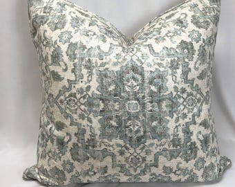 Blue Green Euro Pillow Cover Covington Ezra Seaglass slub linen 25 inch square handcrafted luxury corded zippered pillow sham for bedroom