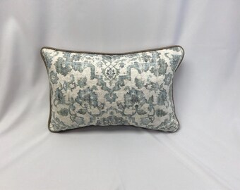 Blue Green Lumbar Pillow Cover 12x18 Rectangle in Covington Ezra Seaglass slub linen handcrafted luxury for living room