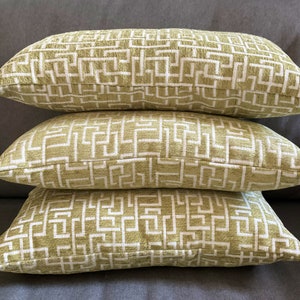 Green Greek key lumbar pillow 18x9 inch rectangle bright green velvet type designer fabric polyfil stuffing image 2