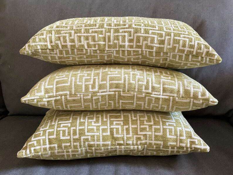 Green Greek key lumbar pillow 18x9 inch rectangle bright green velvet type designer fabric polyfil stuffing image 2