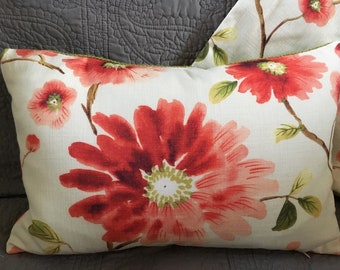 Watercolor floral pillows in red pink green white lumbar 17x11 inch rectangle set of 2 in Newberry Mango print + Polyfil inserts