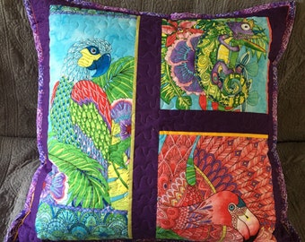 Purple tropical pillow cover childrens decor blue pink Paradise Falls parrot iguana flamingo quilt art euro sham 27 inch square multicolor