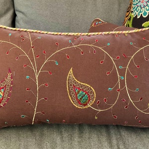 Embroidered paisley lumbar pillow cover brown gold 20x11 inch rectangle corded edge zipper closure
