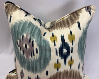 Ikat Teal Tan Cream Pillow Cover 19 Inch Square Abstract Watercolor Corded Edge Premium Handcrafted